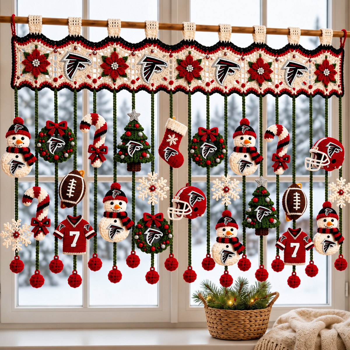 ATL x NFL Christmas Crochet Window Valance – Football Snowman Wreath Holiday Decor