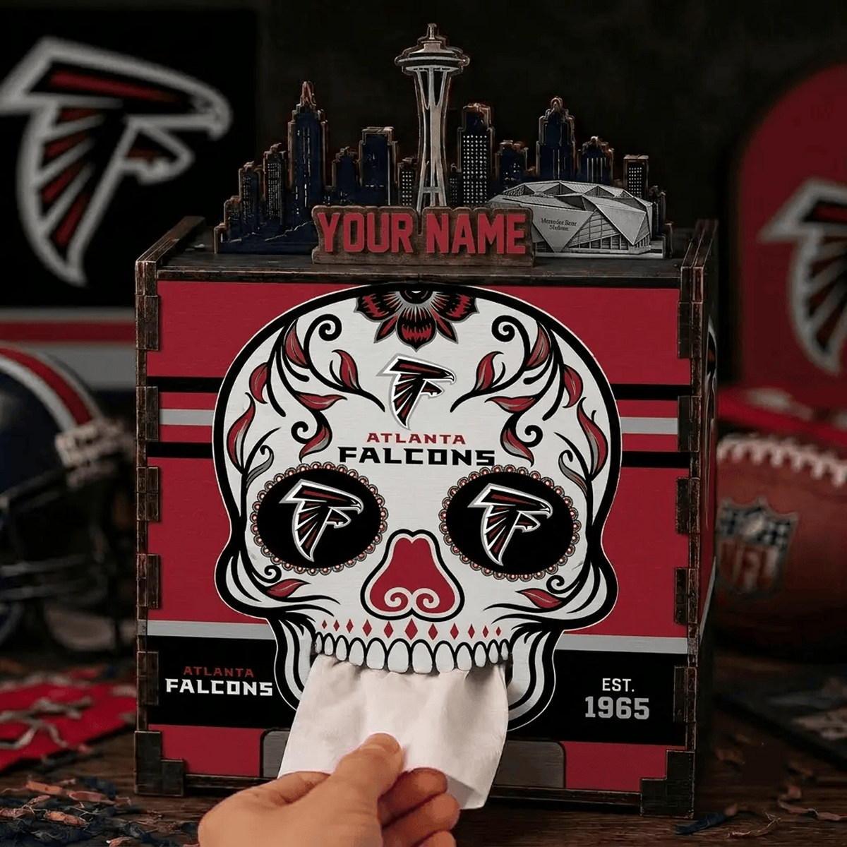 ATL x NFL Personalized Wooden Tissue Box – Custom Name Gift