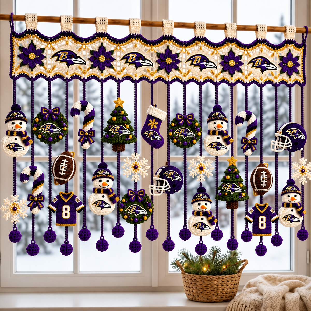 BAL x NFL Christmas Crochet Window Valance – Football Snowman Wreath Holiday Decor