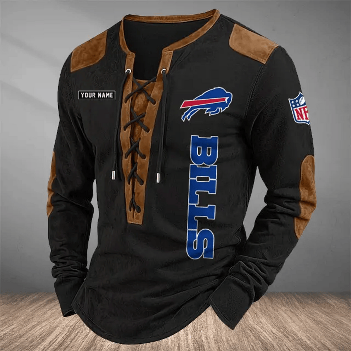 BUF x NFL Custom Name Vintage Henley Long Sleeve Shirt