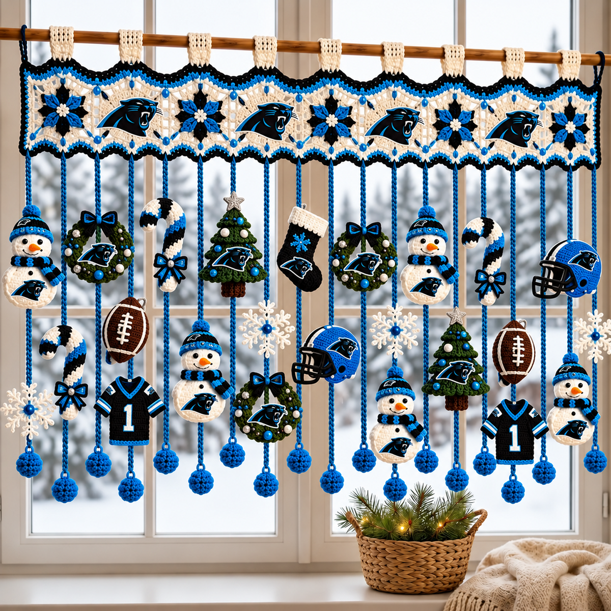 CAR x NFL Christmas Crochet Window Valance – Football Snowman Wreath Holiday Decor