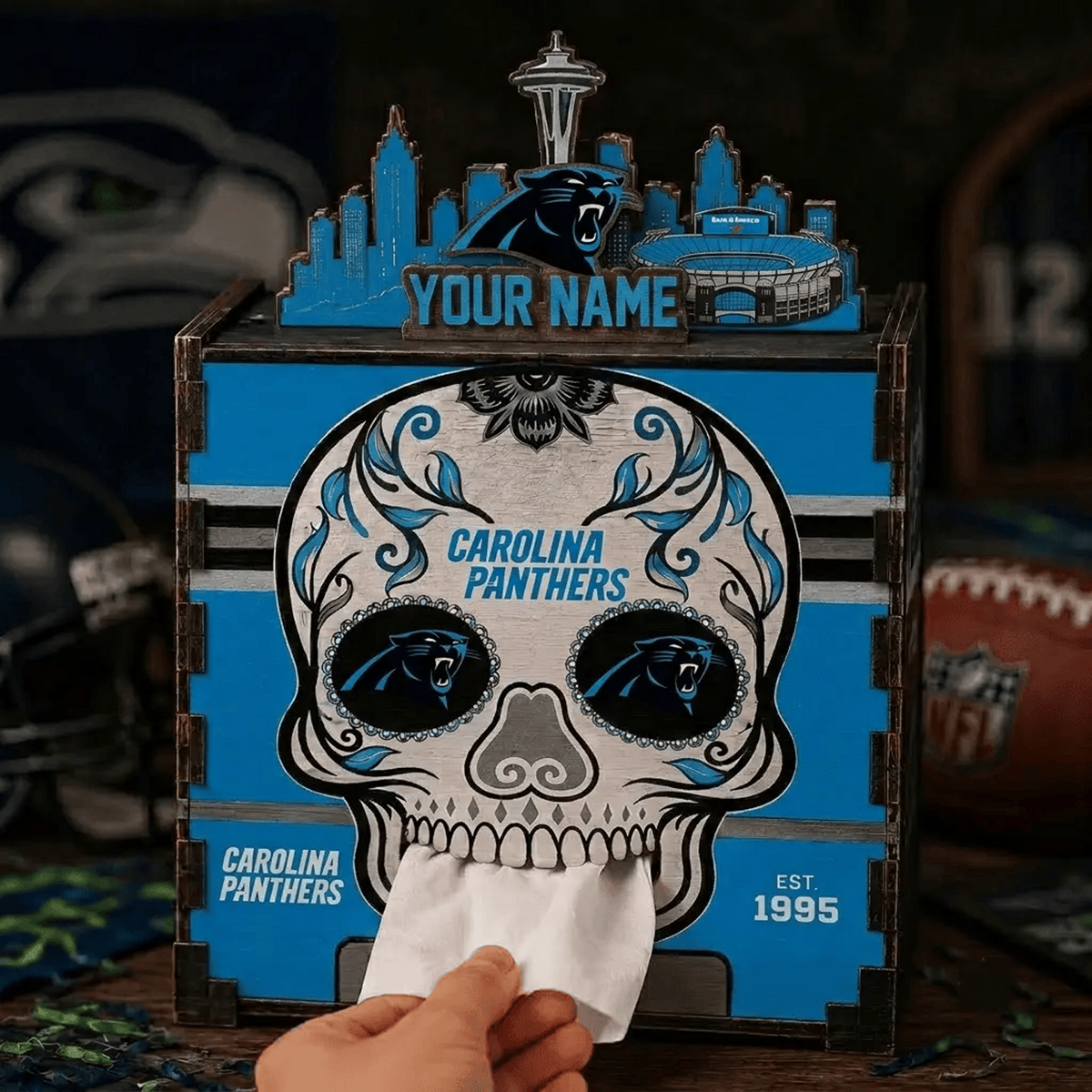 CAR x NFL Personalized Wooden Tissue Box – Custom Name Gift