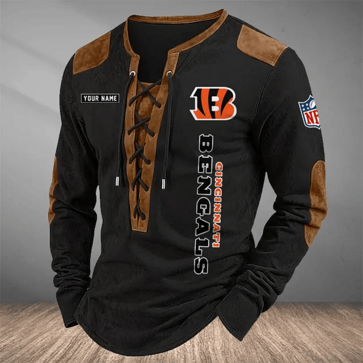 CIN x NFL Custom Name Vintage Henley Long Sleeve Shirt