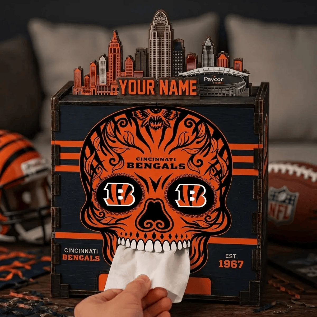 CIN x NFL Personalized Wooden Tissue Box – Custom Name Gift