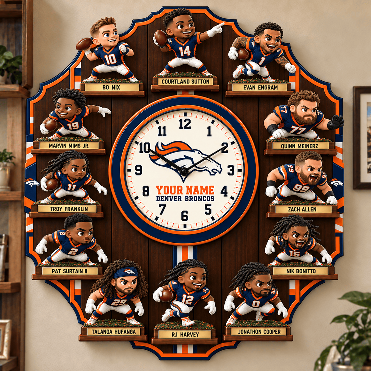 DEN X NFL Famous Players Custom Any Name Acrylic Wall Clock For Home Decor