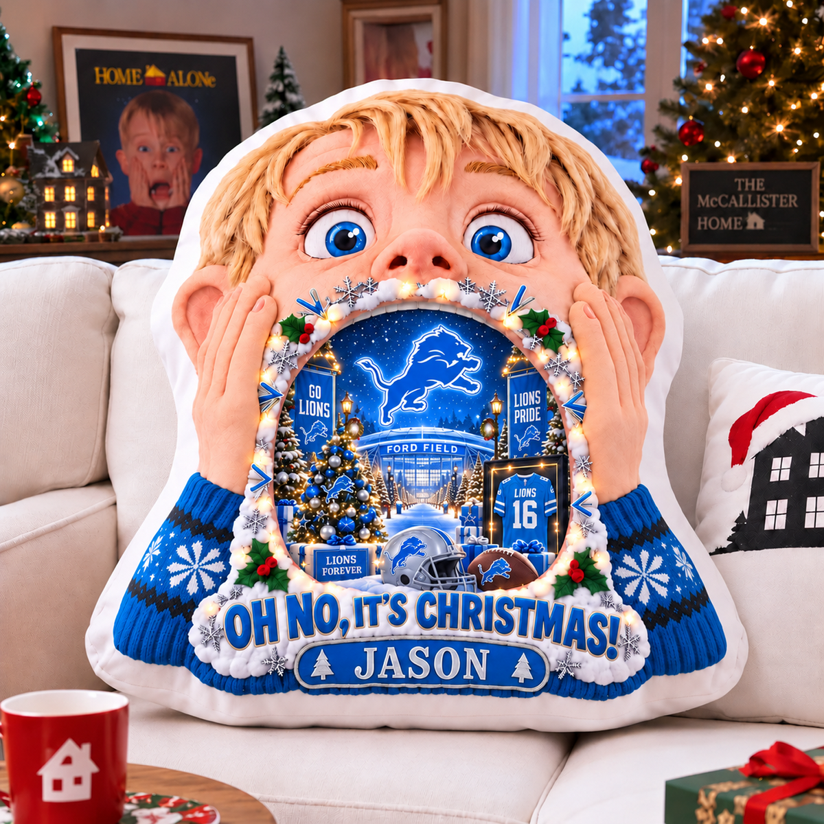 DET NFL x Home Alone Christmas Personalized Custom Shape Pillow