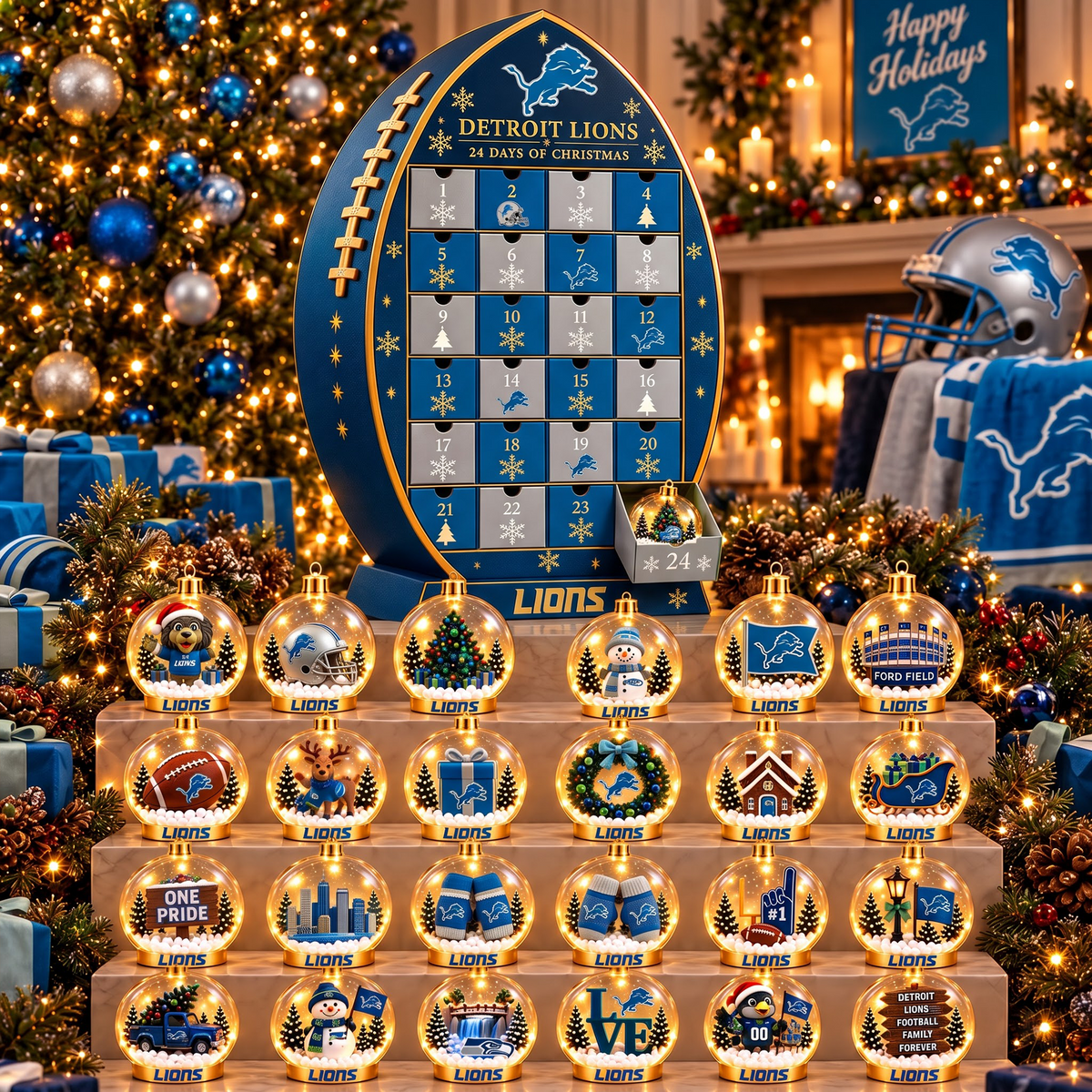 DET X NFL Football Advent Calendar Snow Globe Acrylic Set