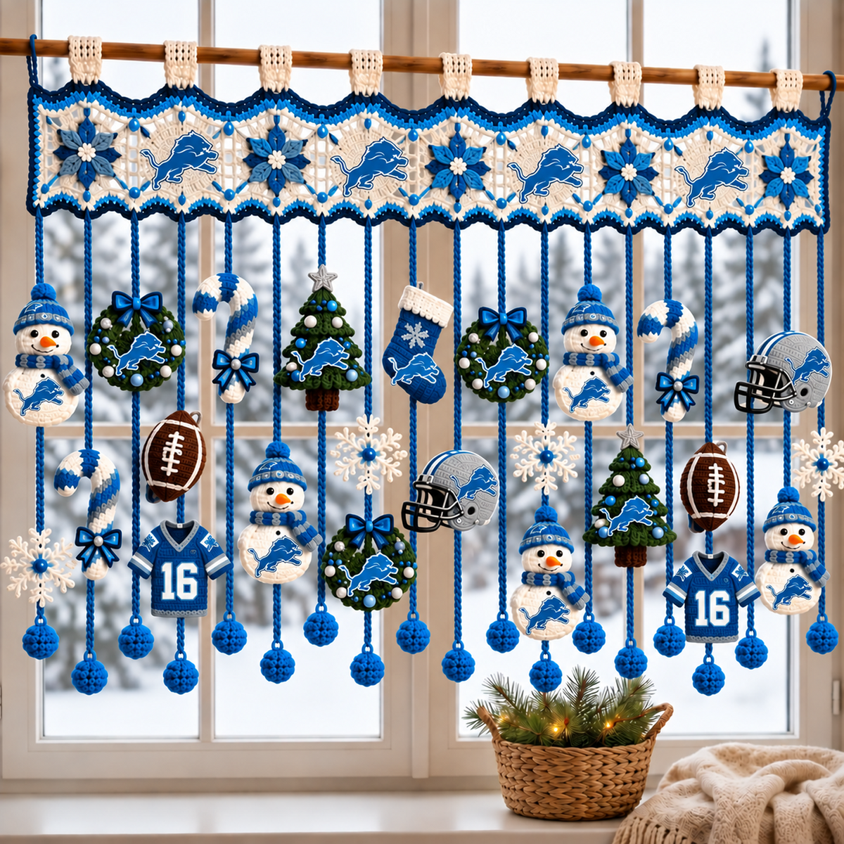 DET x NFL Christmas Crochet Window Valance – Football Snowman Wreath Holiday Decor