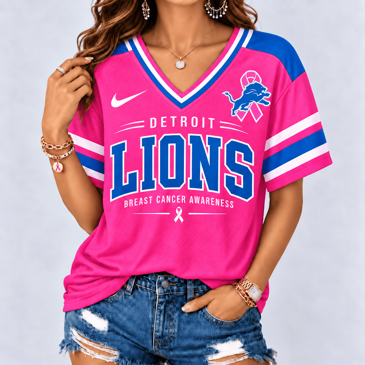 DET x NFL Pink Breast Cancer Awareness V-neck Shirt