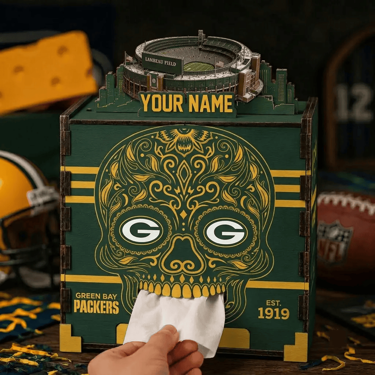 GB x NFL Personalized Wooden Tissue Box – Custom Name Gift