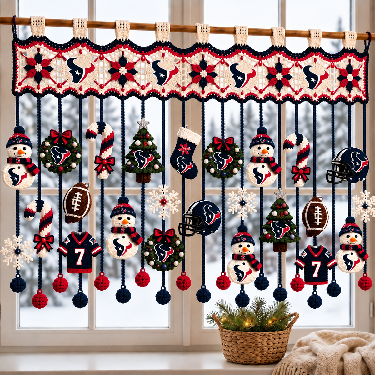 HOU x NFL Christmas Crochet Window Valance – Football Snowman Wreath Holiday Decor