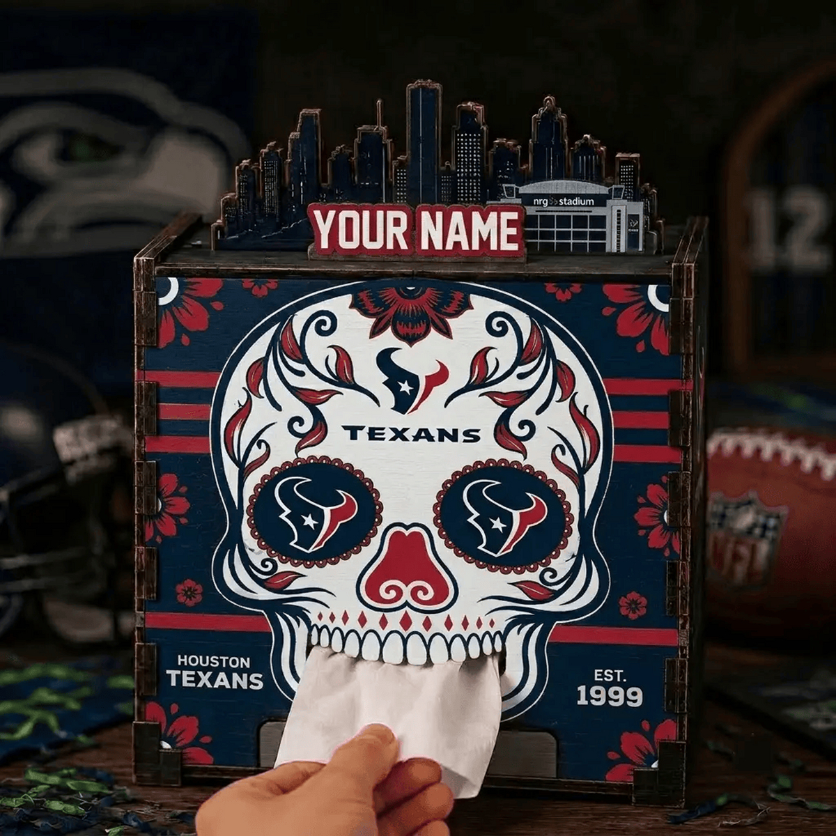 HOU x NFL Personalized Wooden Tissue Box – Custom Name Gift