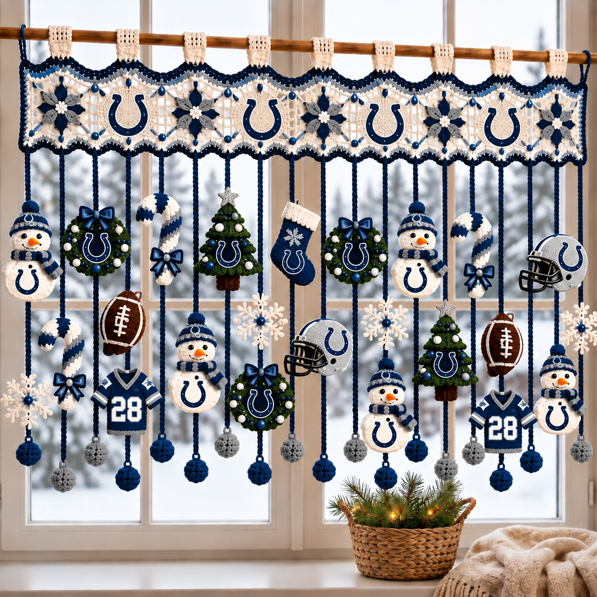 IND x NFL Christmas Crochet Window Valance – Football Snowman Wreath Holiday Decor