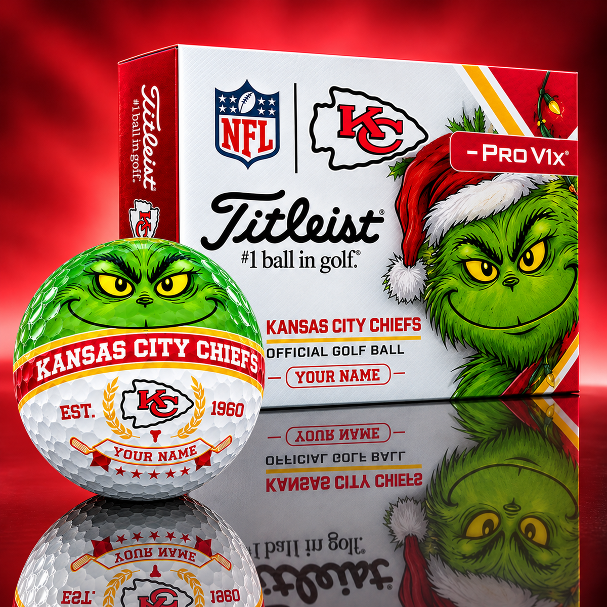 KC X Custom 1-of-1 NFL Team Grinch Titleist Golf Balls Set