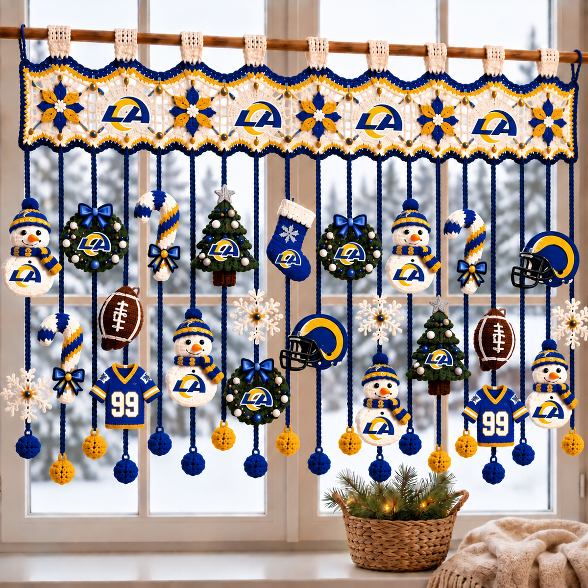 LAR x NFL Christmas Crochet Window Valance – Football Snowman Wreath Holiday Decor