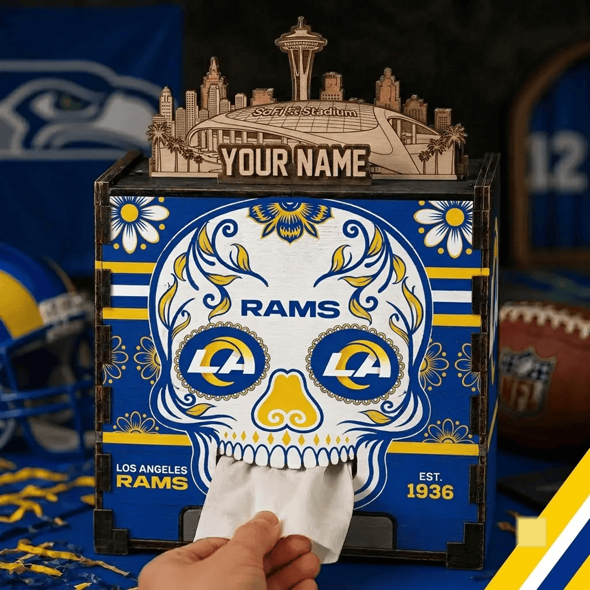 LAR x NFL Personalized Wooden Tissue Box – Custom Name Gift