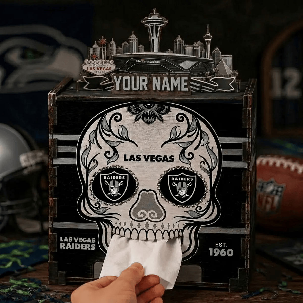 LV x NFL Personalized Wooden Tissue Box – Custom Name Gift