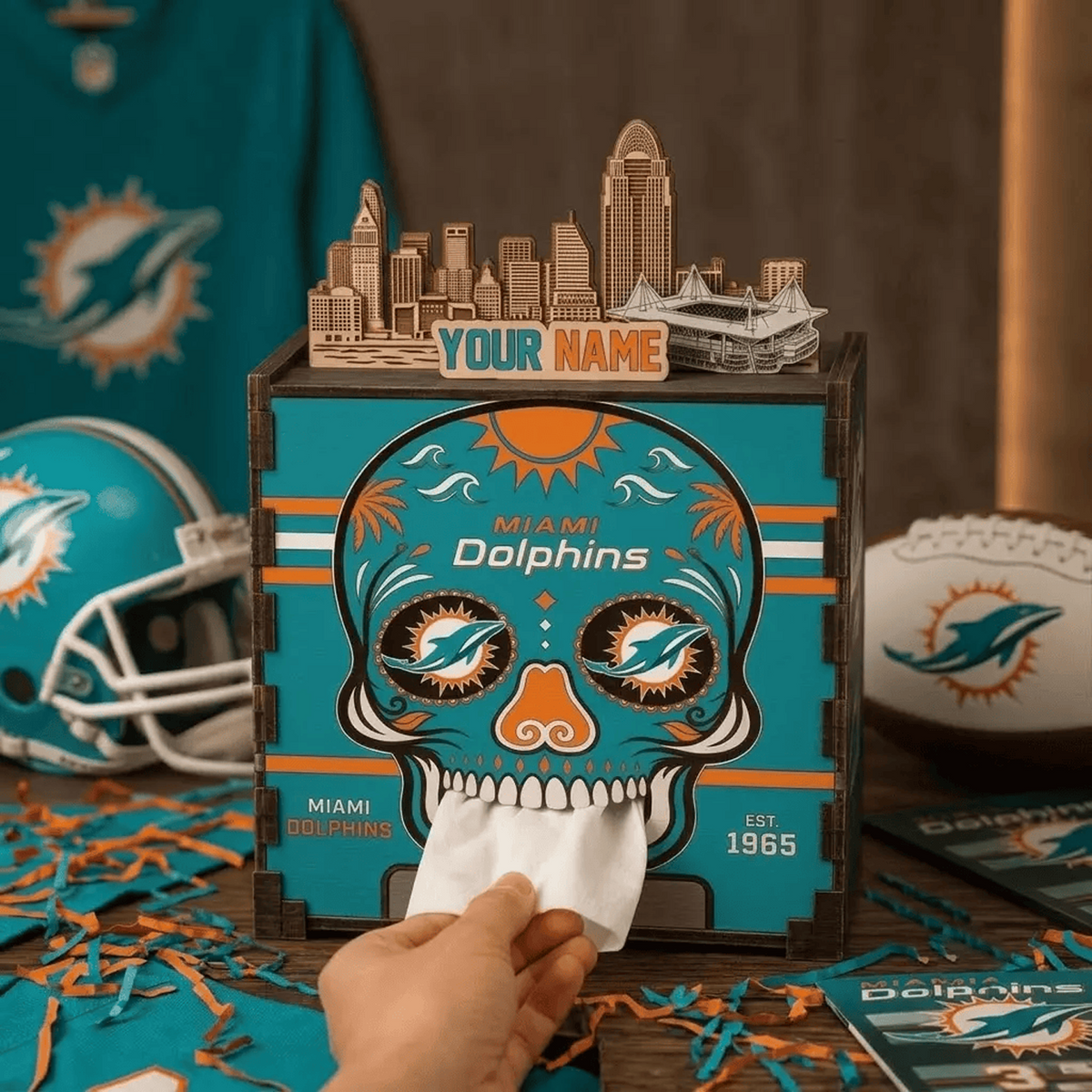 MIA x NFL Personalized Wooden Tissue Box – Custom Name Gift