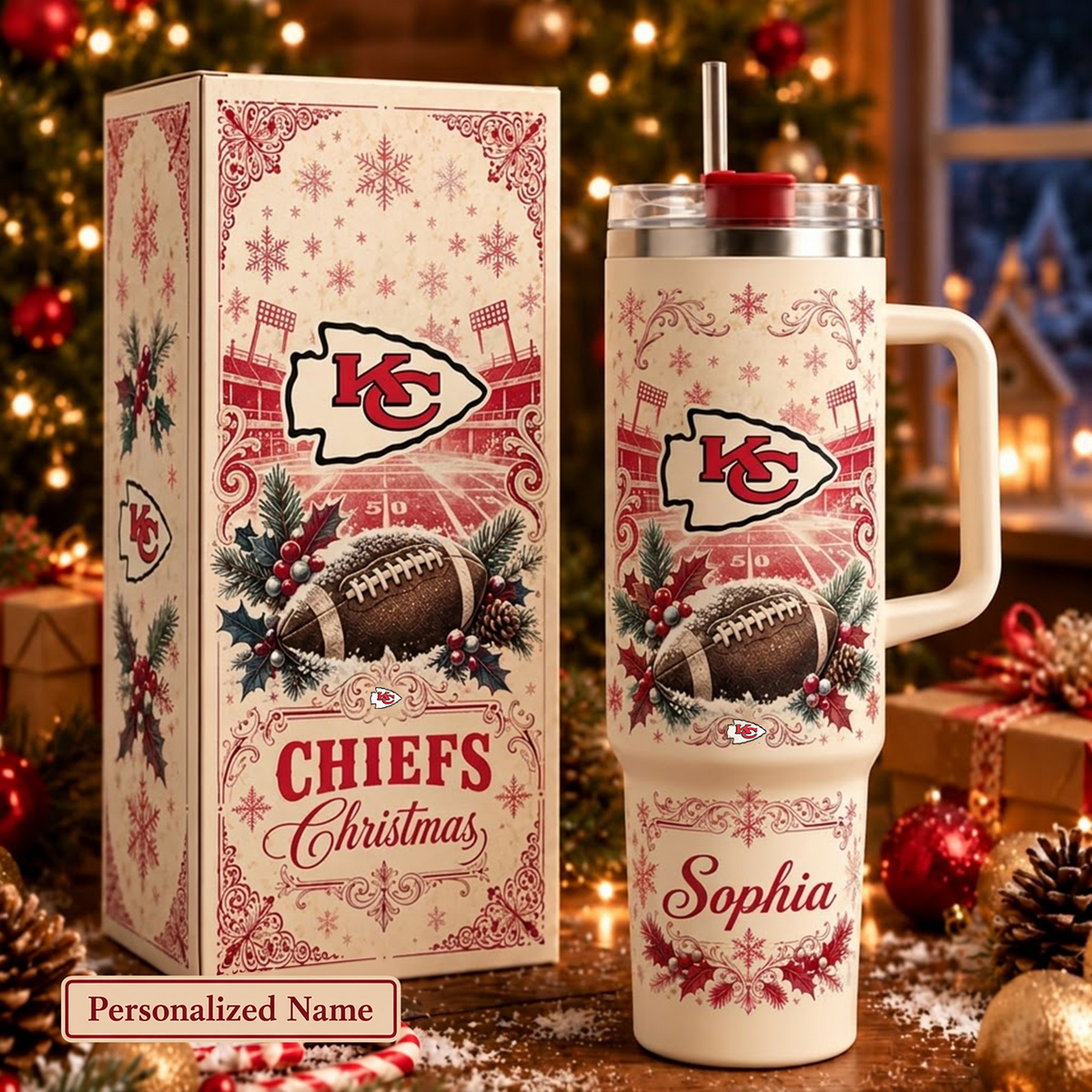 NFL x KC Christmas Personalized 40oz Tumbler With Straw