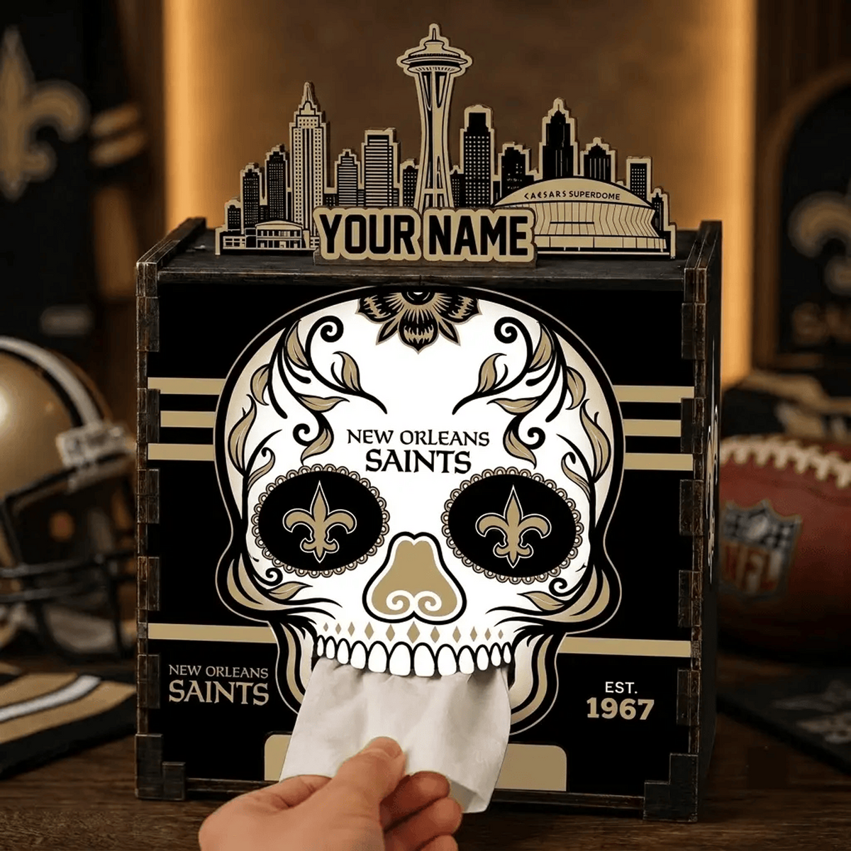 NO x NFL Personalized Wooden Tissue Box – Custom Name Gift