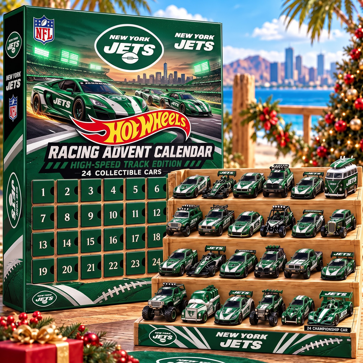 NYJ X 1-of-1 Custom NFL Racing Advent Calendar 24 Cars Gift Set