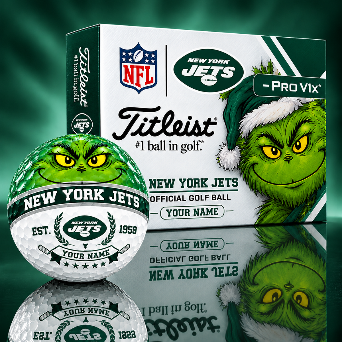 NYJ X Custom 1-of-1 NFL Team Grinch Titleist Golf Balls Set