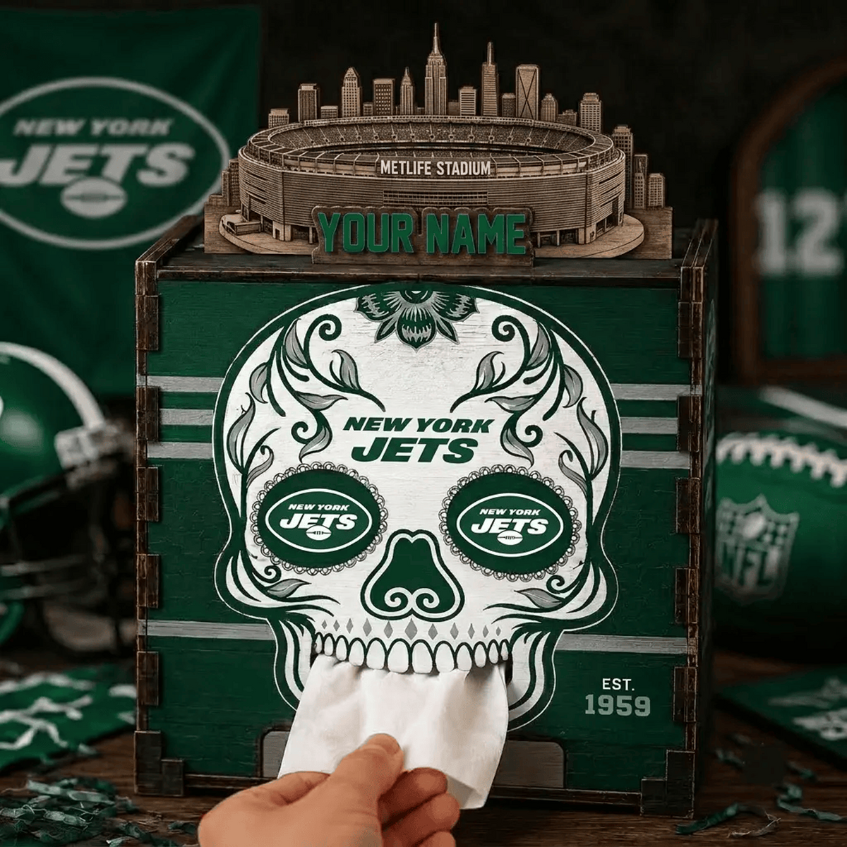 NYJ x NFL Personalized Wooden Tissue Box – Custom Name Gift