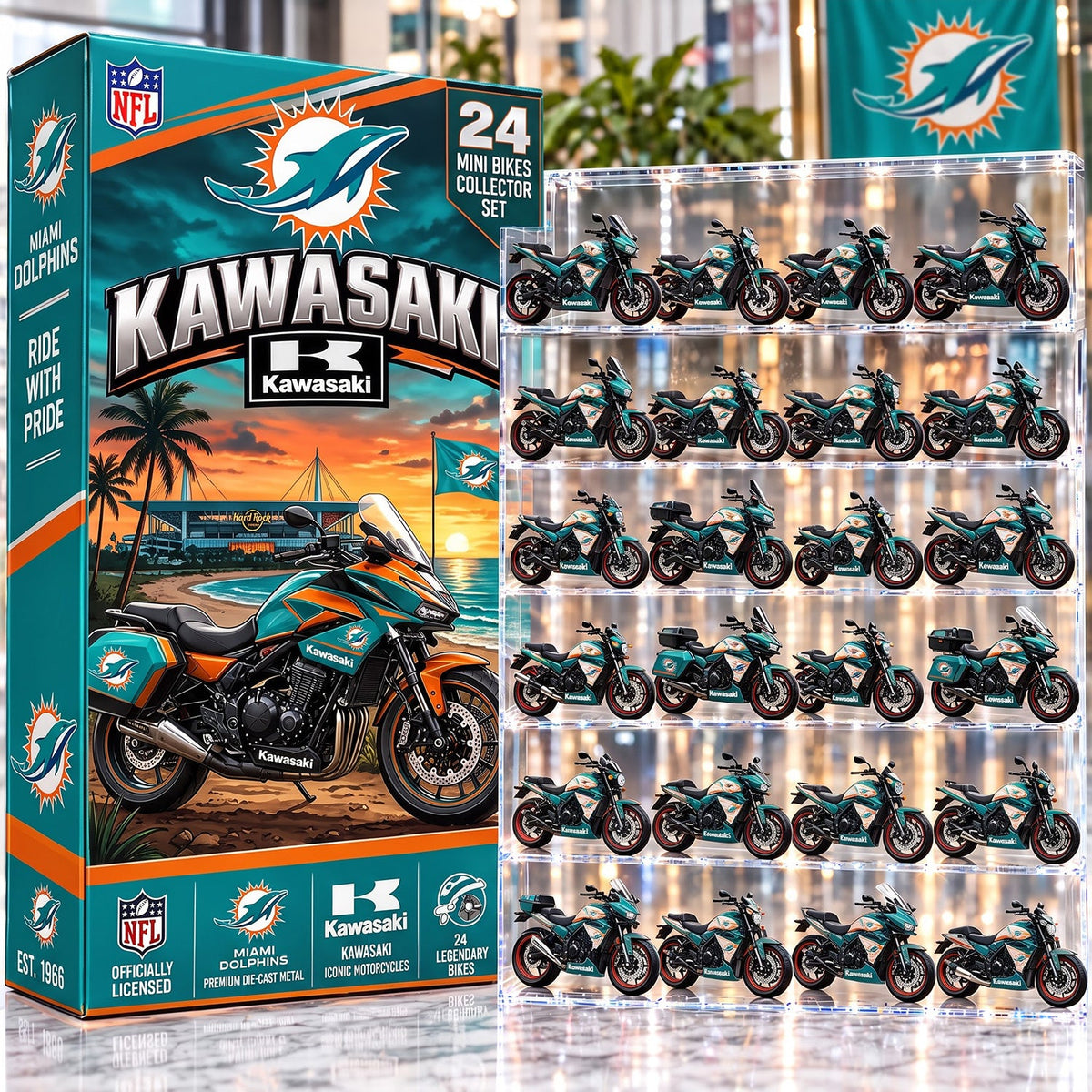 OFFICIAL KAWASAKI X PREMIUM NFL MIA 24DAYS ADVENT CALENDER AMAZING TRIP RACING MOTOR FOR FAN LIMITED EDITION