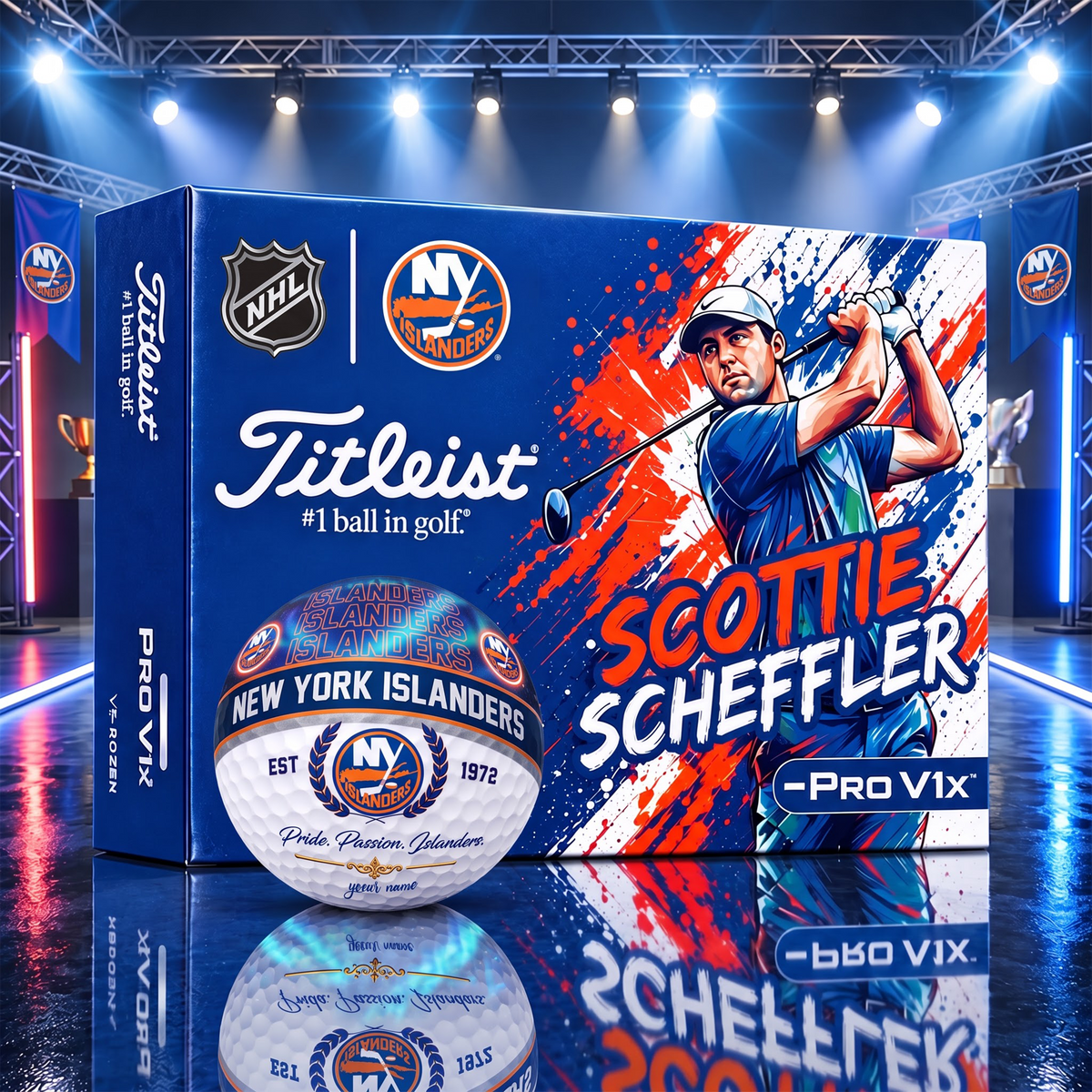 OFFICIAL TITLIEST X SIGNATURE NHL NYI BESPOKE NAME 3D GALAXY SKYLINE IN NIGHT GOFT BALL EDITION
