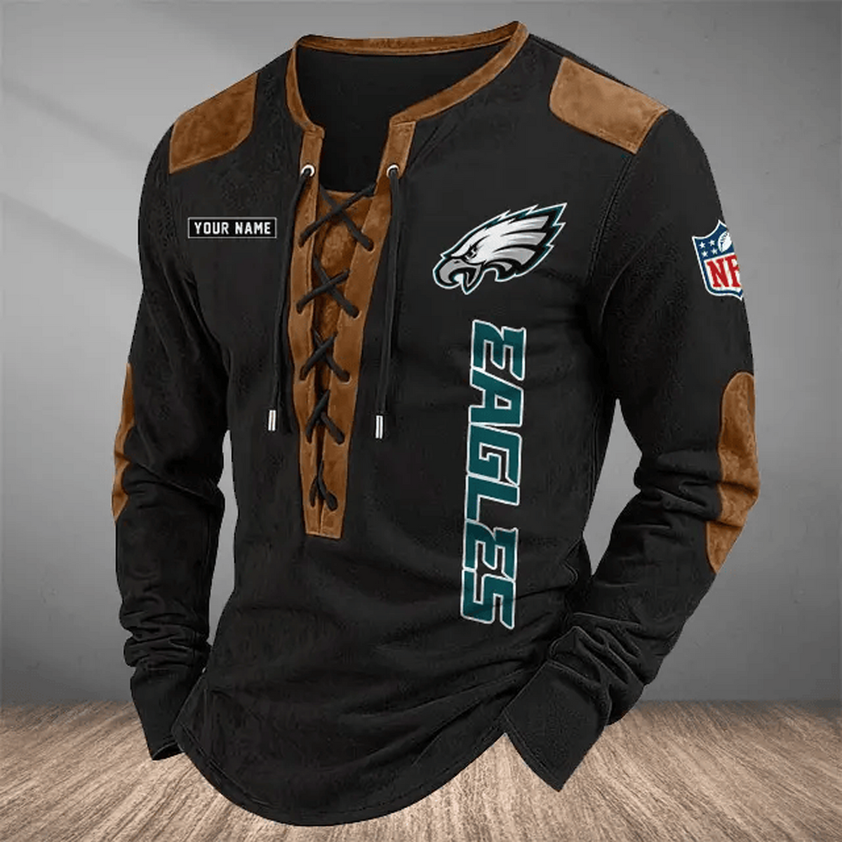 PHI x NFL Custom Name Vintage Henley Long Sleeve Shirt