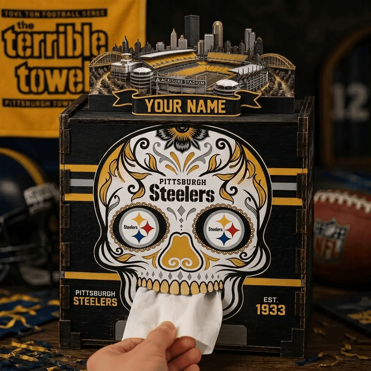PIT x NFL Personalized Wooden Tissue Box – Custom Name Gift