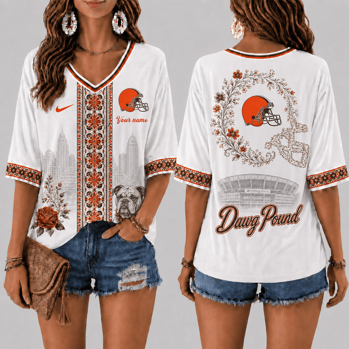 PREMIUM NFL X CLE EXCLUSIVE PERSONALIZED Women‘s Floral V-neck Shirt LIMITED EDITION