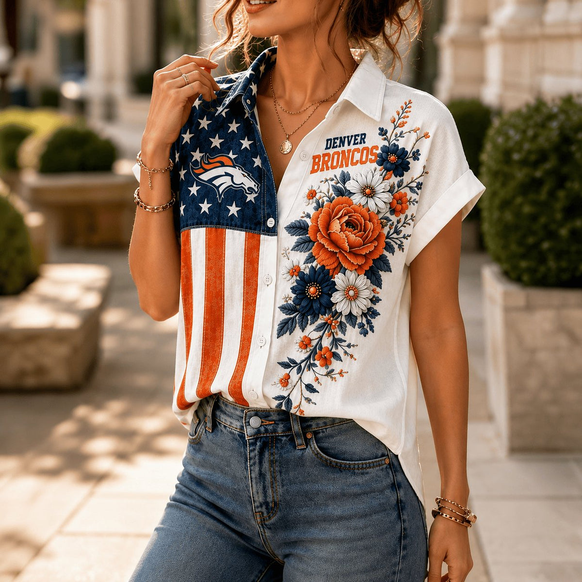 PREMIUM NFL X DEN EXCLUSIVE Floral American Flag Linen Shirt