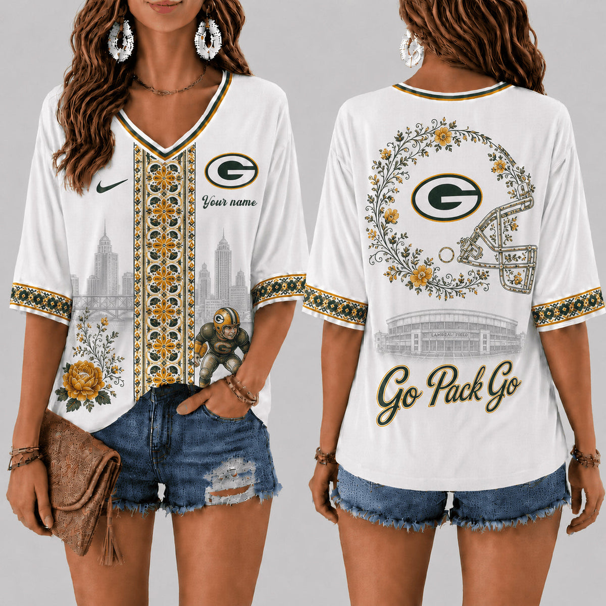 PREMIUM NFL X GB EXCLUSIVE PERSONALIZED Women‘s Floral V-neck Shirt LIMITED EDITION