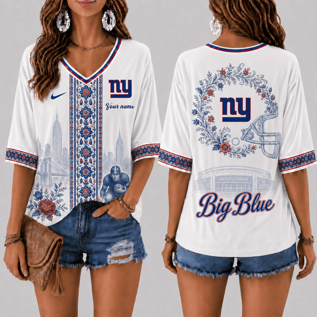 PREMIUM NFL X NYG EXCLUSIVE PERSONALIZED Women‘s Floral V-neck Shirt LIMITED EDITION