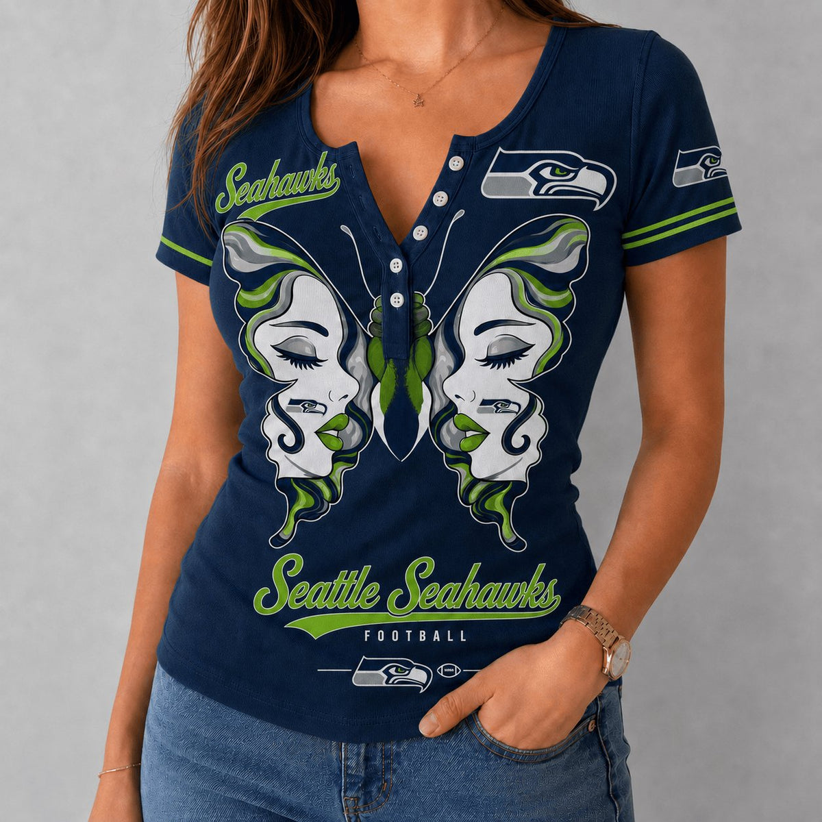 PREMIUM NFL X SEA EXCLUSIVE Butterfly Wings Button V-Neck Shirt Limited Edition