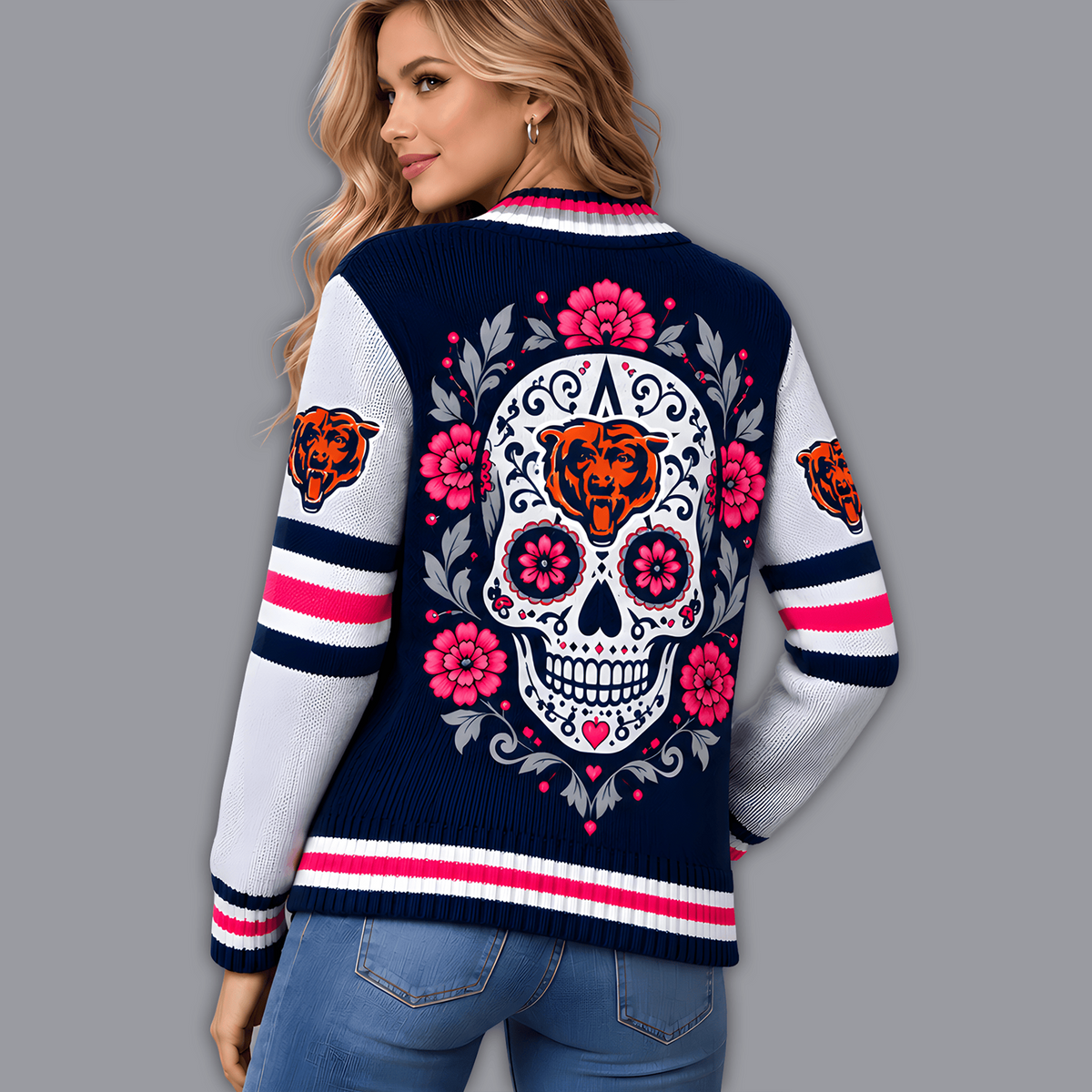 Premium NFL x CHI Floral Skull Knit Cardigan