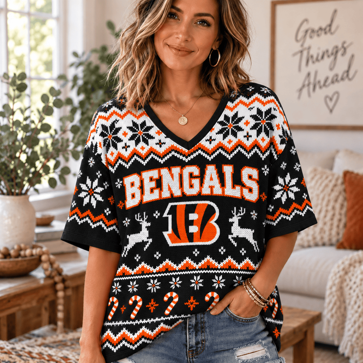 Premium NFL x CIN Christmas V-Neck Shirt