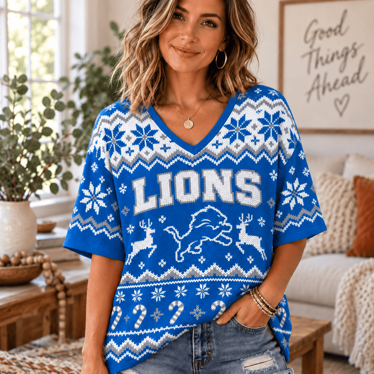 Premium NFL x DET Christmas V-Neck Shirt