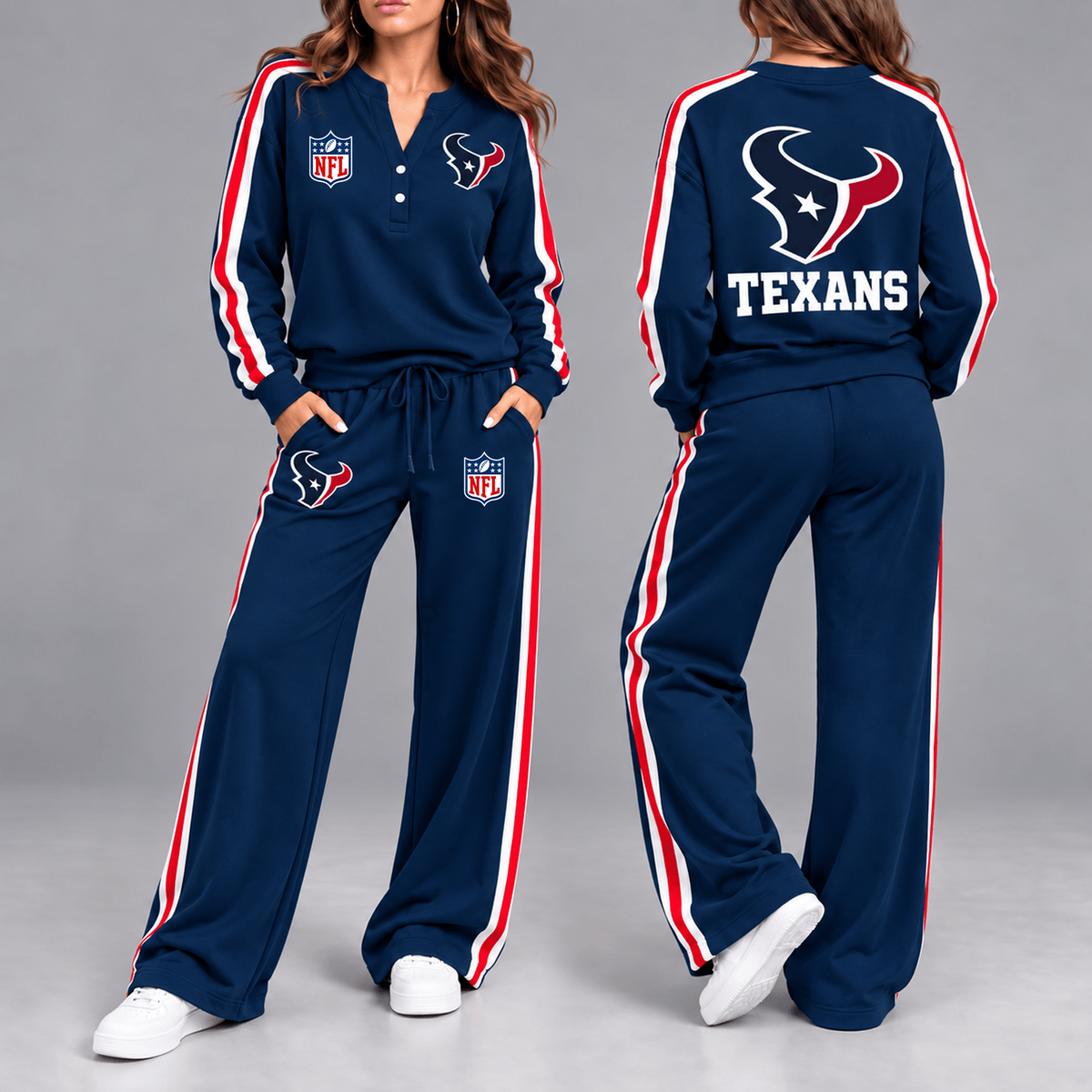 Premium NFL x HOU Game Day Sporty Stripe Long Sleeve Pullover Top & Wide-Leg Pants Set