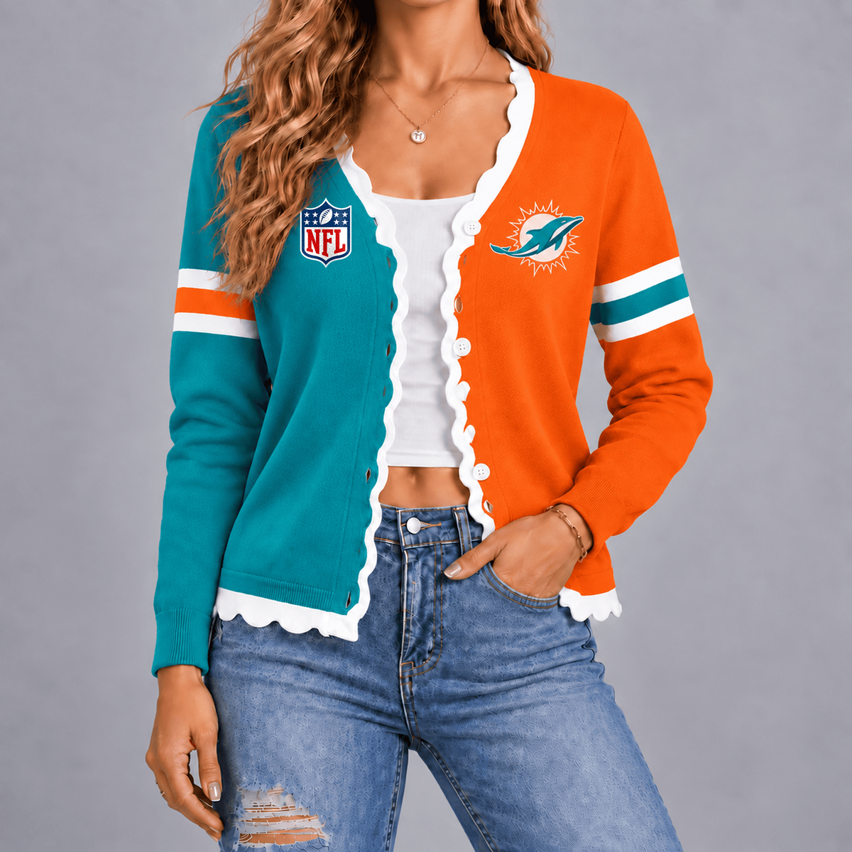 Premium NFL x MIA Varsity Stripe Button Cardigan