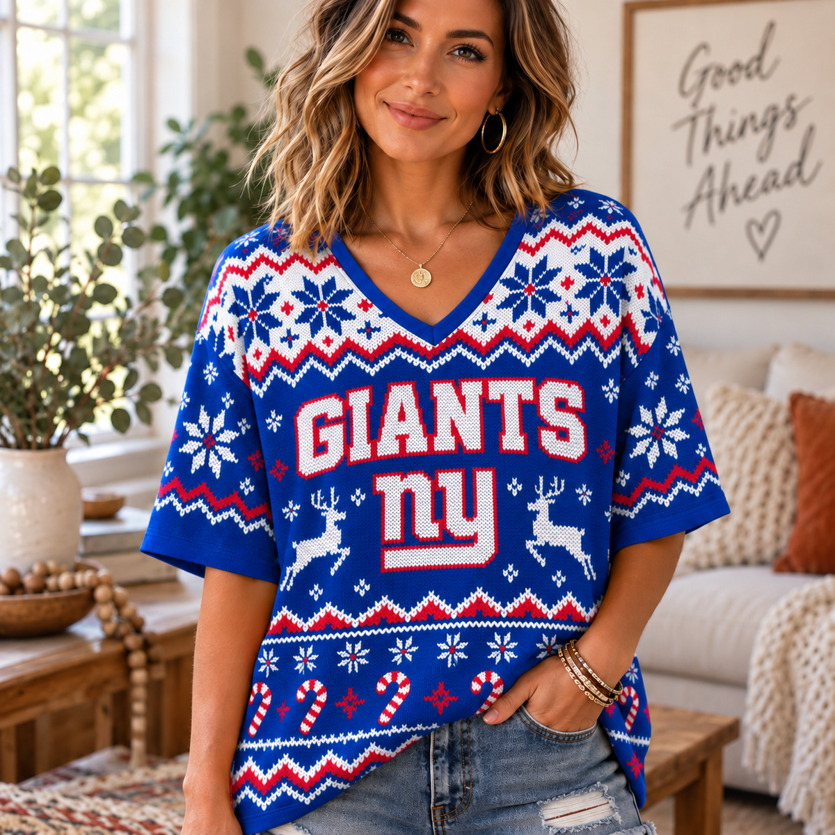 Premium NFL x NYG Christmas V-Neck Shirt