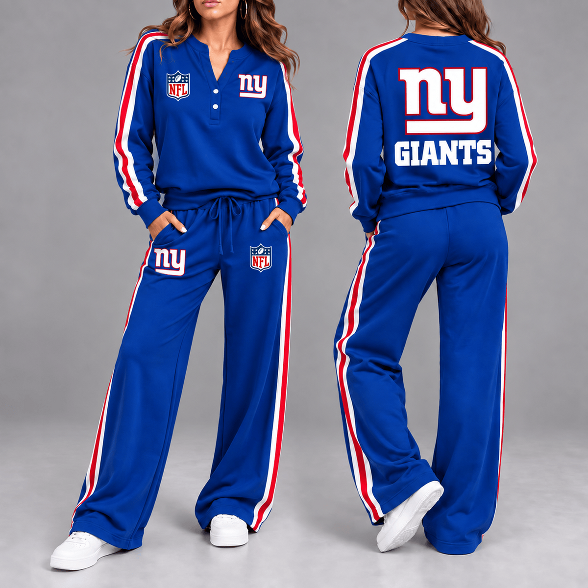 Premium NFL x NYG Game Day Sporty Stripe Long Sleeve Pullover Top & Wide-Leg Pants Set