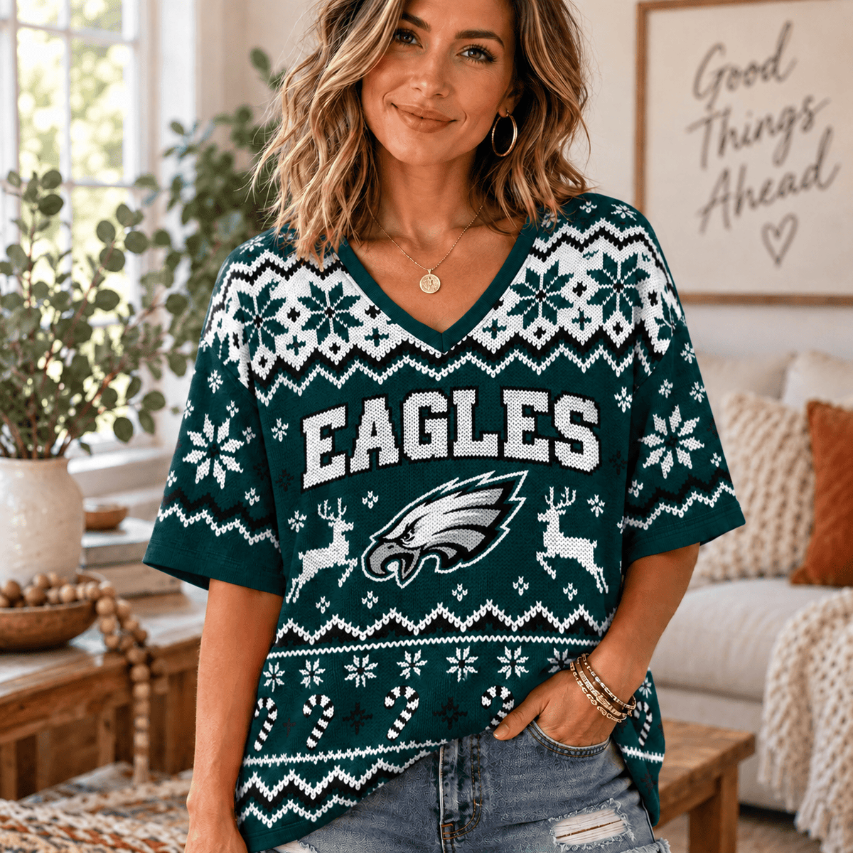 Premium NFL x PHI Christmas V-Neck Shirt