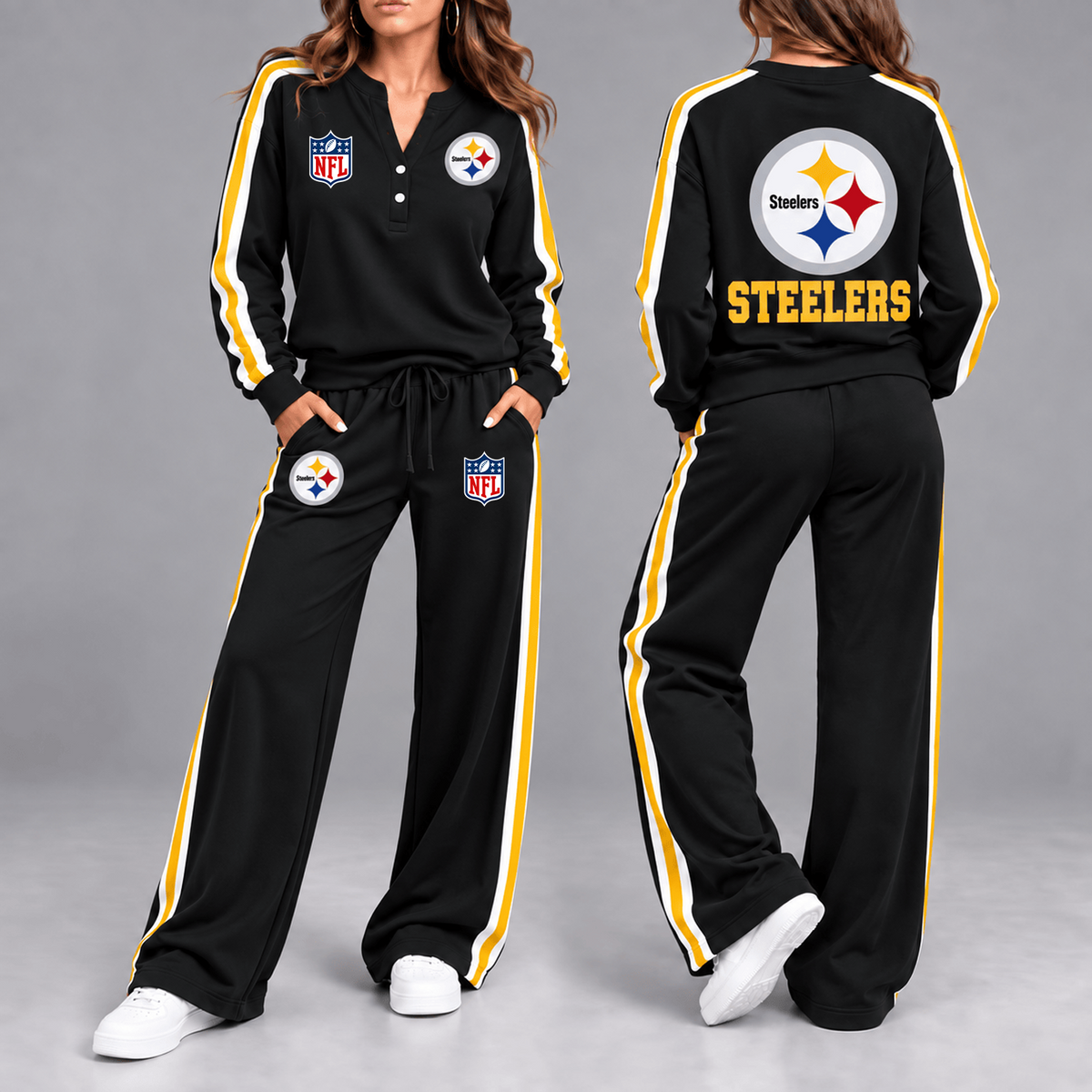 Premium NFL x PIT Game Day Sporty Stripe Long Sleeve Pullover Top & Wide-Leg Pants Set