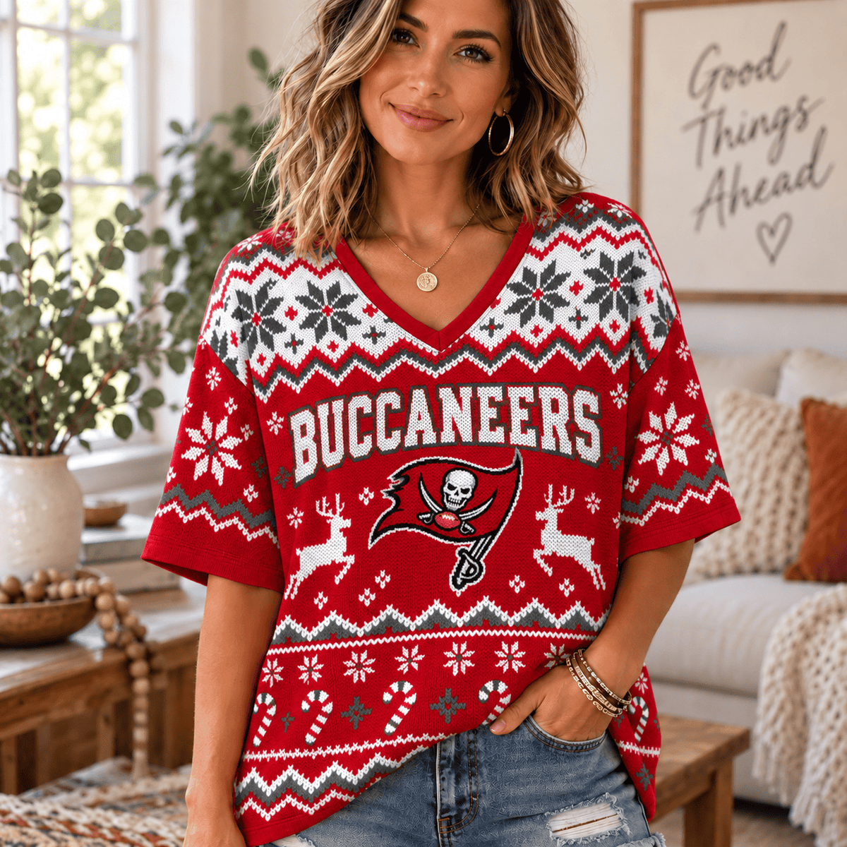 Premium NFL x TB Christmas V-Neck Shirt