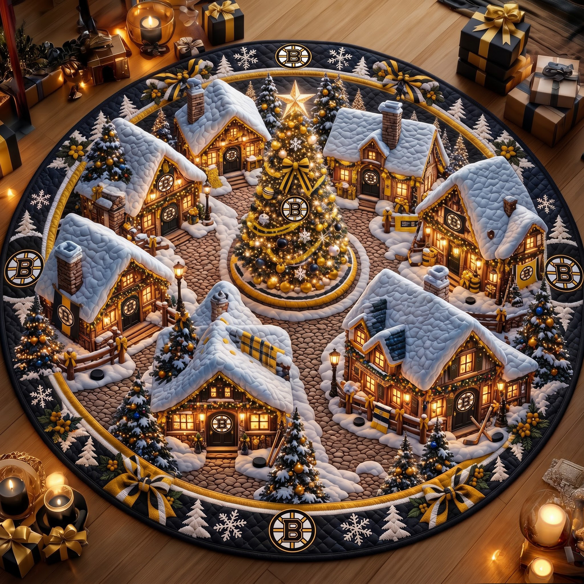 Premium NHL x BOS Christmas Village 3D Round Rug