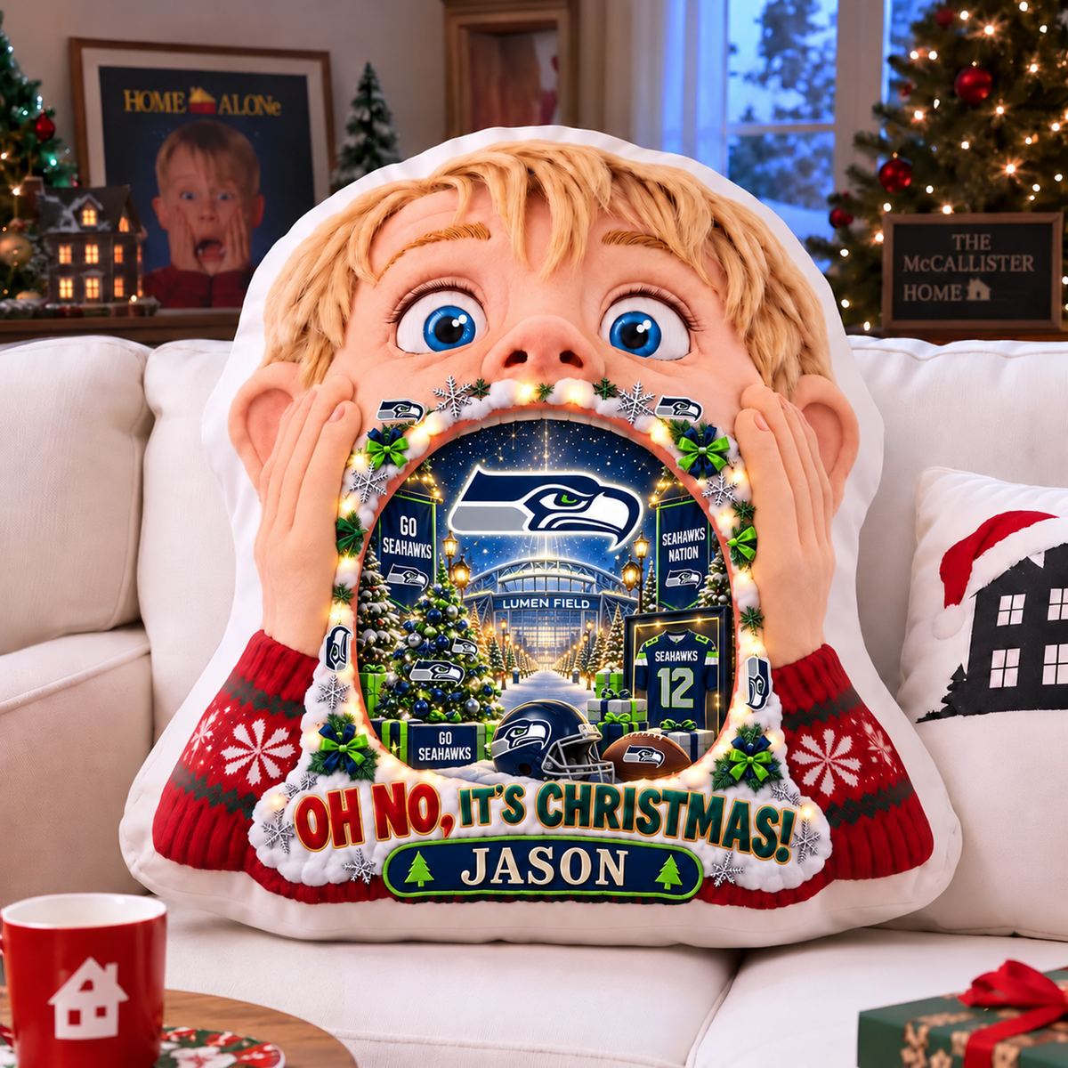 SEA NFL x Home Alone Christmas Personalized Custom Shape Pillow