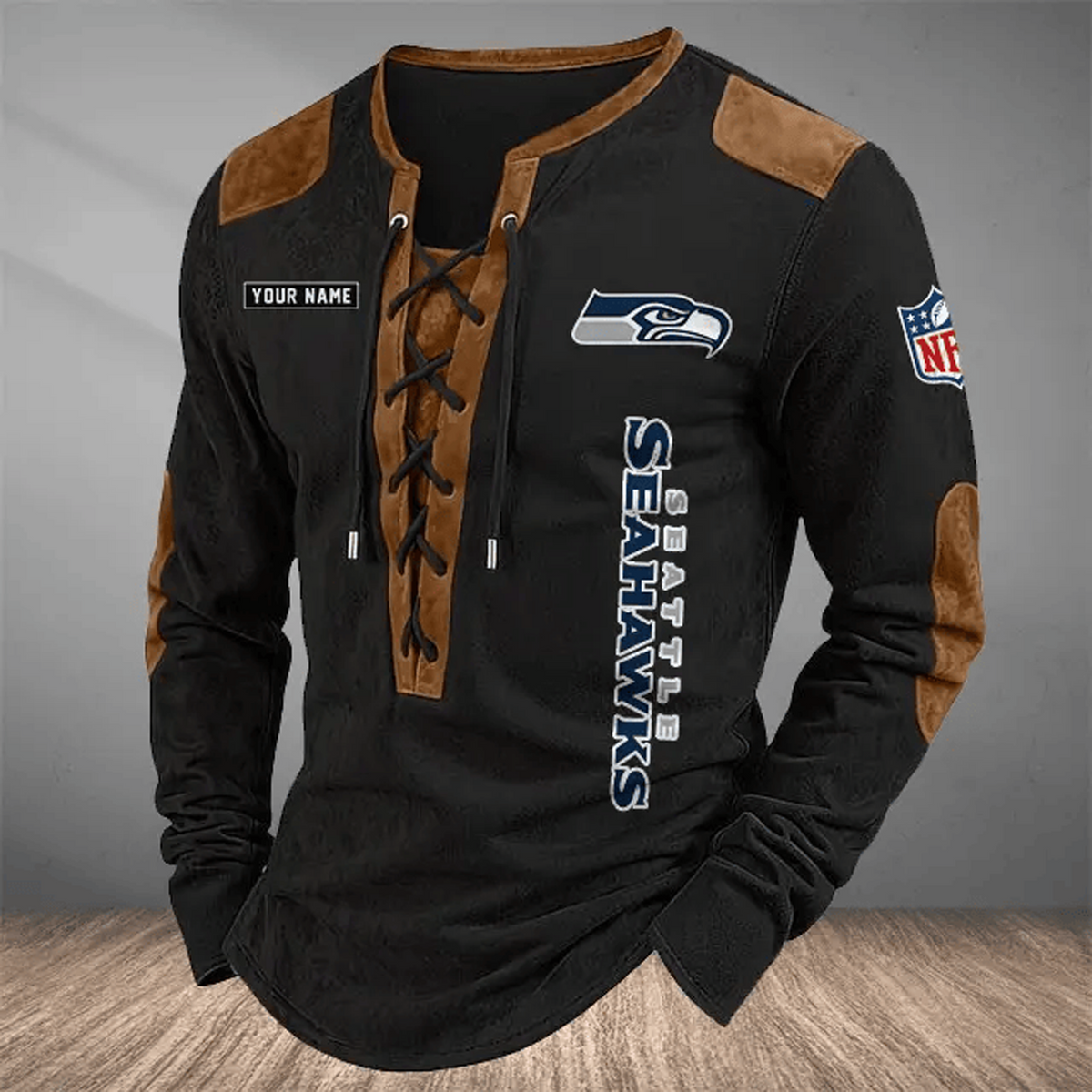 SEA x NFL Custom Name Vintage Henley Long Sleeve Shirt