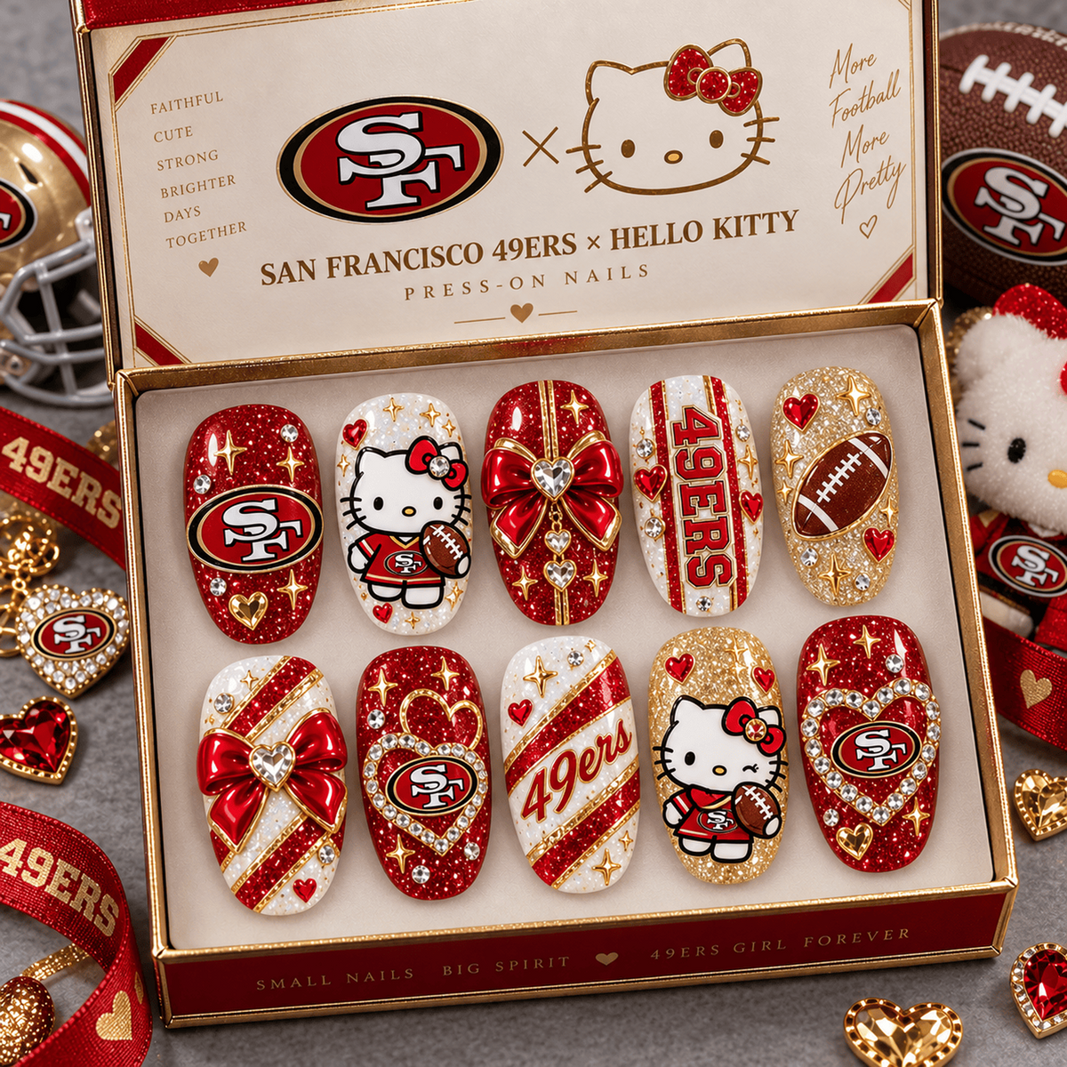 SF X Premium NFL Hello Kitty Bow Glam Press-On Nails Football Fan